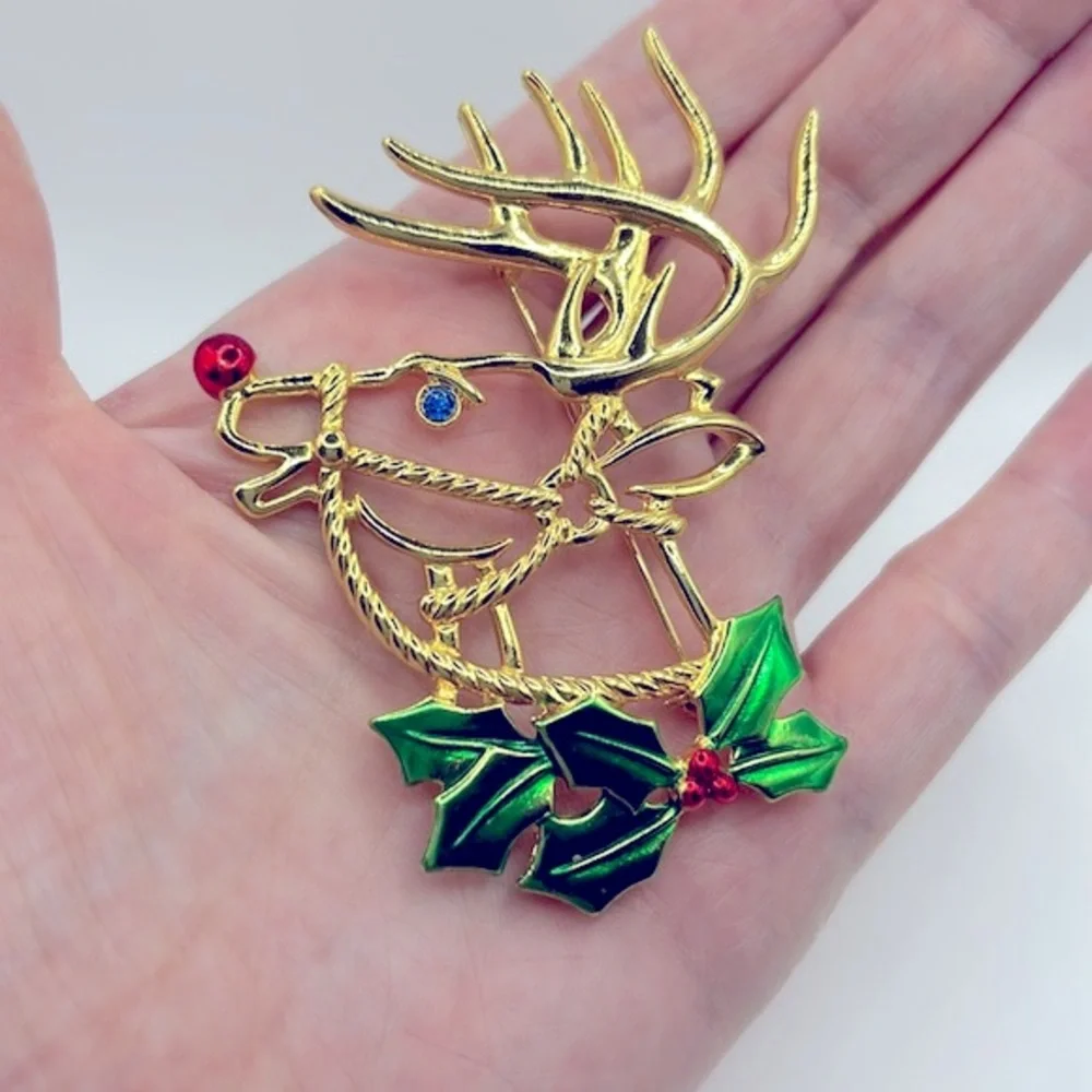 Vintage JJ Signed Large Reindeer Head Christmas Brooch